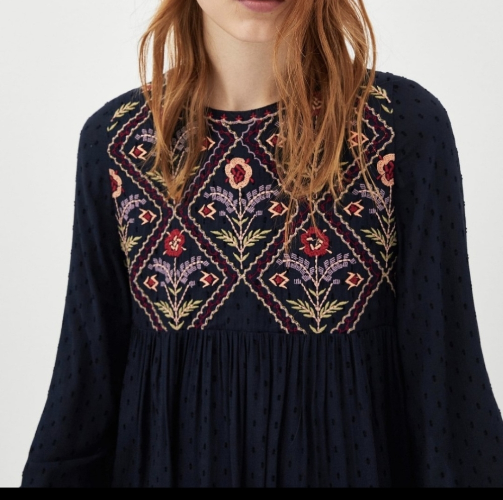 ZARA EMBROIDERED DOTTED MESH MIDI DRESS FLORAL